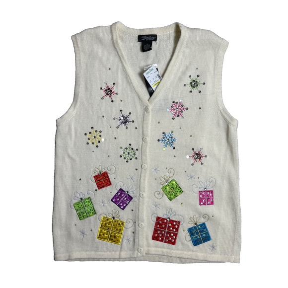 Christmas Sweater Vest Sequins Presents Snowflakes Size XL NEW Cream Silver - Picture 5 of 7